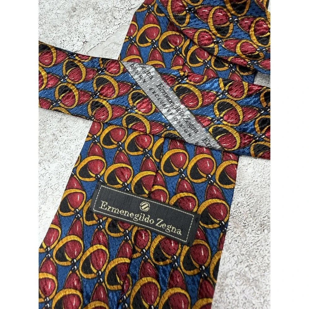 Ermenegildo Zegna 100% Silk‎ Tie Mens One Size Blue Geometric Jacquard Necktie